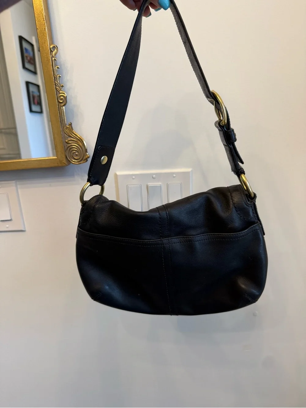 Coach Black Leather Shoulder Bag with Brass Hardware